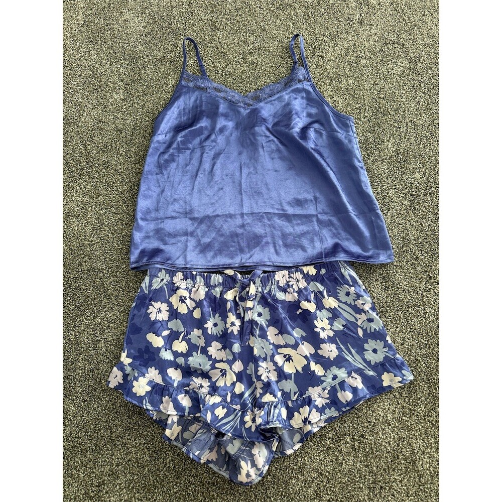 Adore Me Pajama Set Womens Size S Blue Floral Cami Ruffle Shorts Lace Trim
